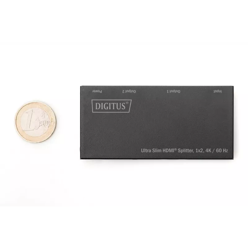 DIGITUS Ultra ohut HDMI-jakaja, 1x2, 4K/60Hz HDR, HDCP 2.2, 18 Gbps, Micro-USB-virtalähde