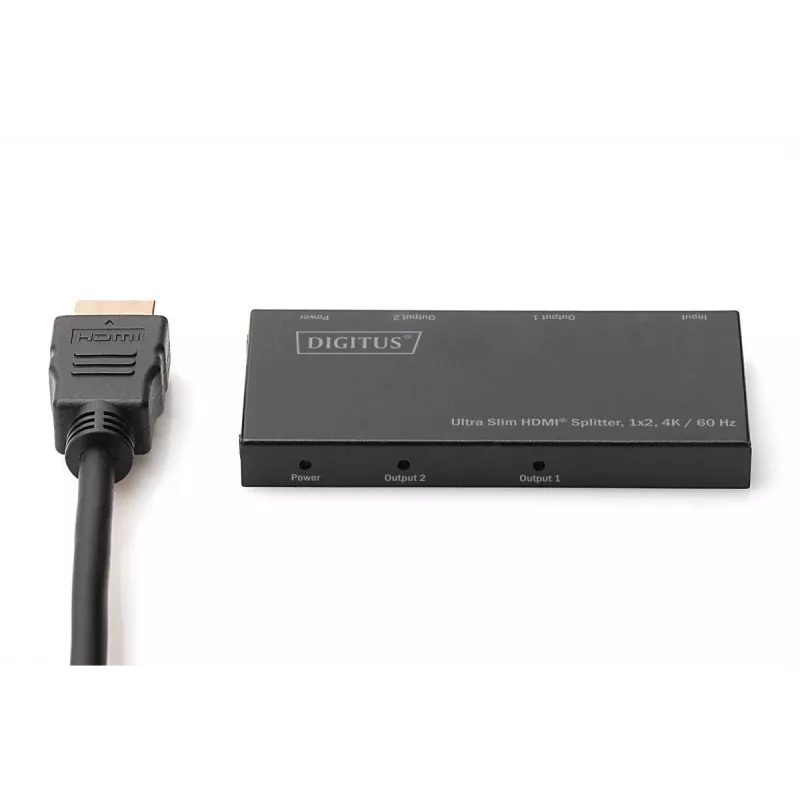 DIGITUS Ultra ohut HDMI-jakaja, 1x2, 4K/60Hz HDR, HDCP 2.2, 18 Gbps, Micro-USB-virtalähde