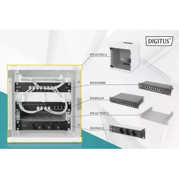 DIGITUS 10in verkkopaketti – 6U kaappi, harmaa hylly, PDU, 8-porttinen kytkin, CAT6 patch-paneeli