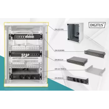 DIGITUS verkkosarja 10in-9U 312x300mm kotelo hylly PDU 8Port patch-paneeli