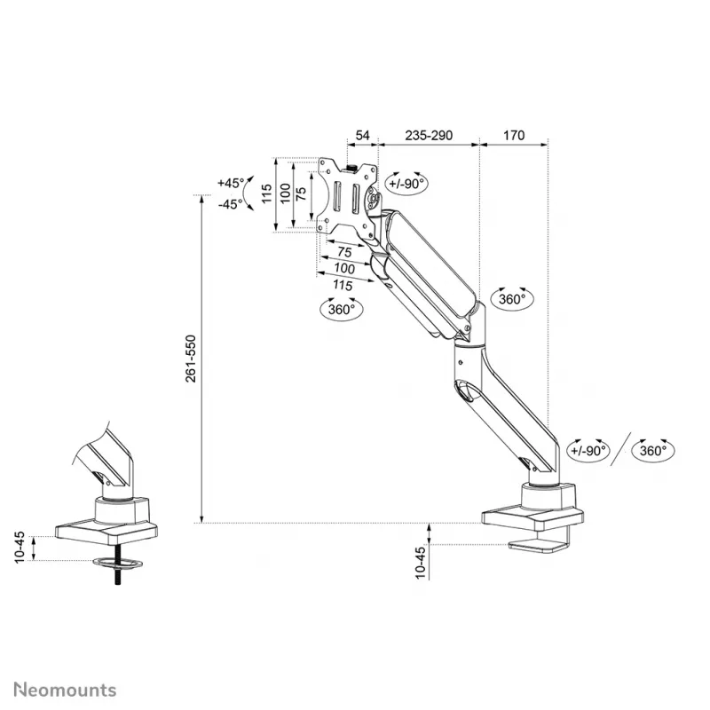 Neomounts DS70PLUS-450WH1 näyttöteline 17-49 inch - kaasujousi - pöytäpuristin - 180°-pysäytin