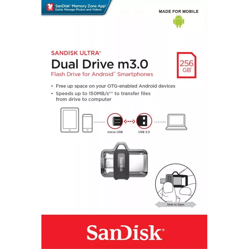 WESTERN DIGITAL SanDisk ULTRA DUAL DRIVE M3.0 - 256GB USB-muistitikku - micro-USB / USB 3.0