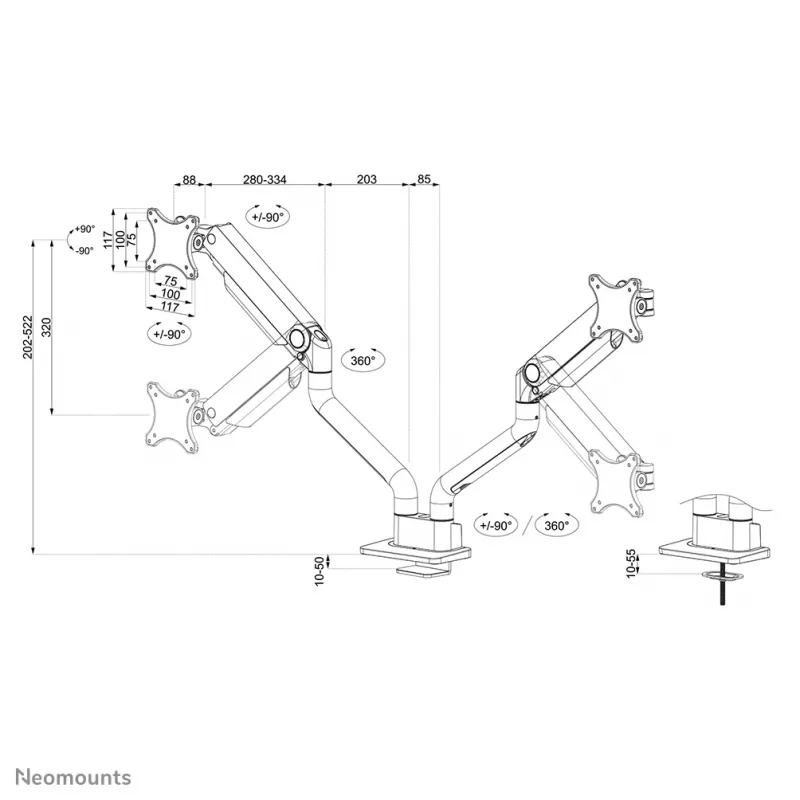 Neomounts DS70S-950WH2 -monitorivarsi 17-35 inch - kaasujousi - Topfix - 180° rajoitin