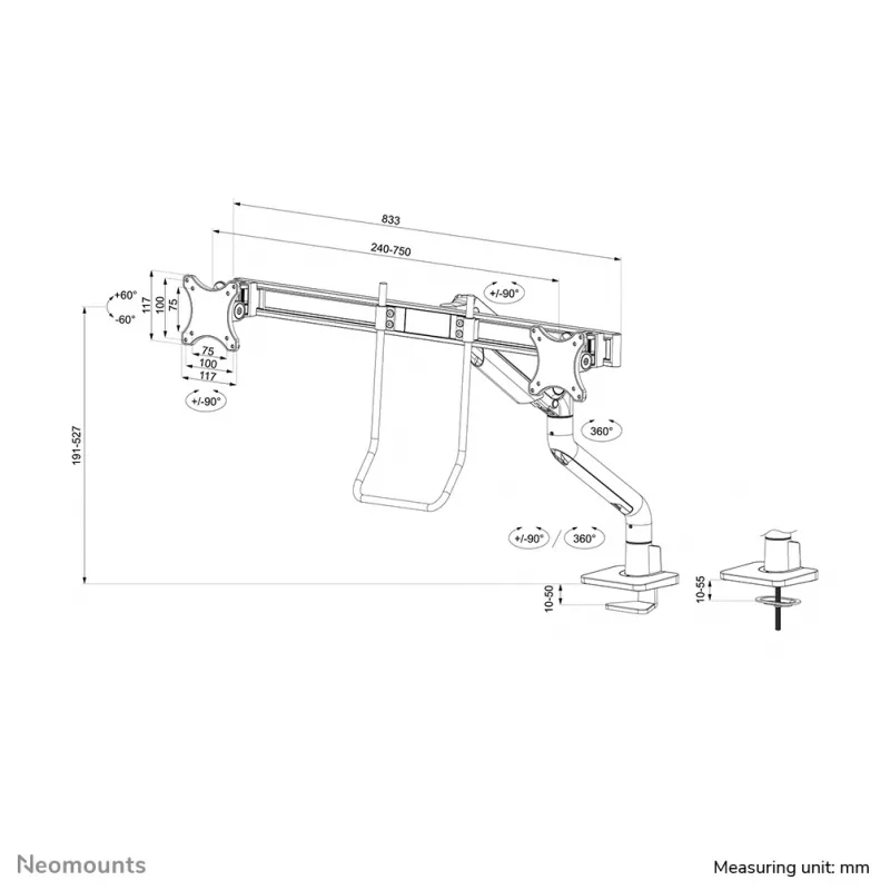 Neomounts DS75S-950BL2 -monitorivarsi 17-32 inch - kaasujousi - Topfix - 180° rajoitin