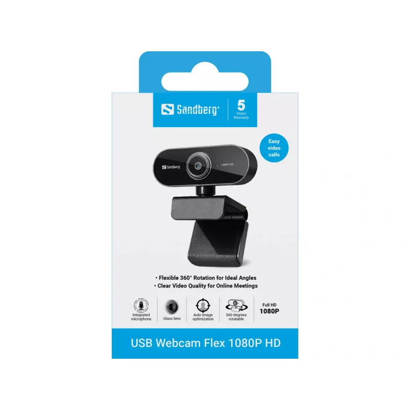 Sandberg USB-verkkokamera Flex 1080P HD, 2 MP, 1920 x 1080 pikseliä, Full HD, 30 fps, USB, musta