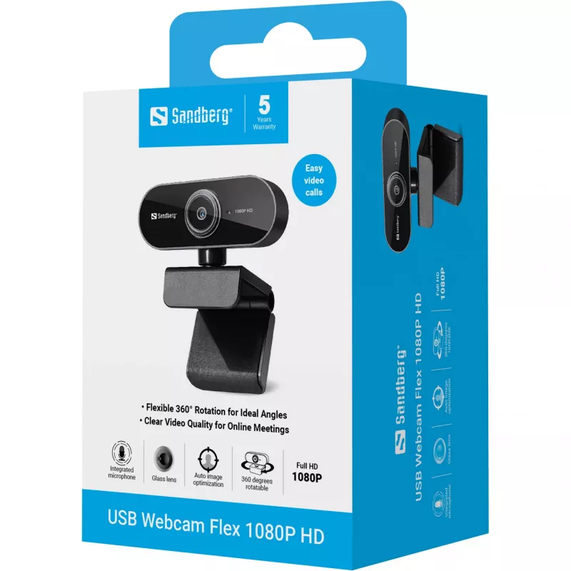Sandberg USB-verkkokamera Flex 1080P HD, 2 MP, 1920 x 1080 pikseliä, Full HD, 30 fps, USB, musta