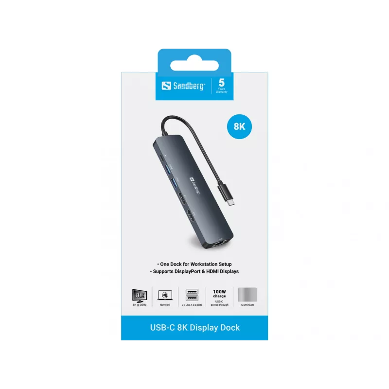 Sandberg USB-C 8K -näyttötelakka USB 3.2 Gen 1 Type-C 100W Power Delivery
