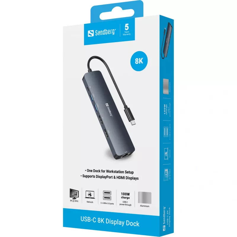 Sandberg USB-C 8K -näyttötelakka USB 3.2 Gen 1 Type-C 100W Power Delivery