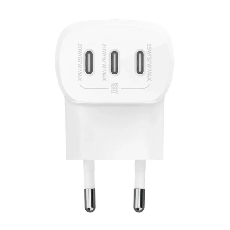 BELKIN seinälaturi - BoostCharge - USB-C 3-porttinen laturi - PPS 67W - valkoinen