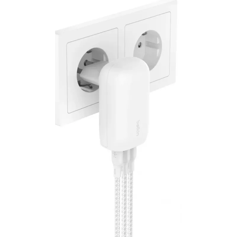 BELKIN seinälaturi - BoostCharge - USB-C 3-porttinen laturi - PPS 67W - valkoinen