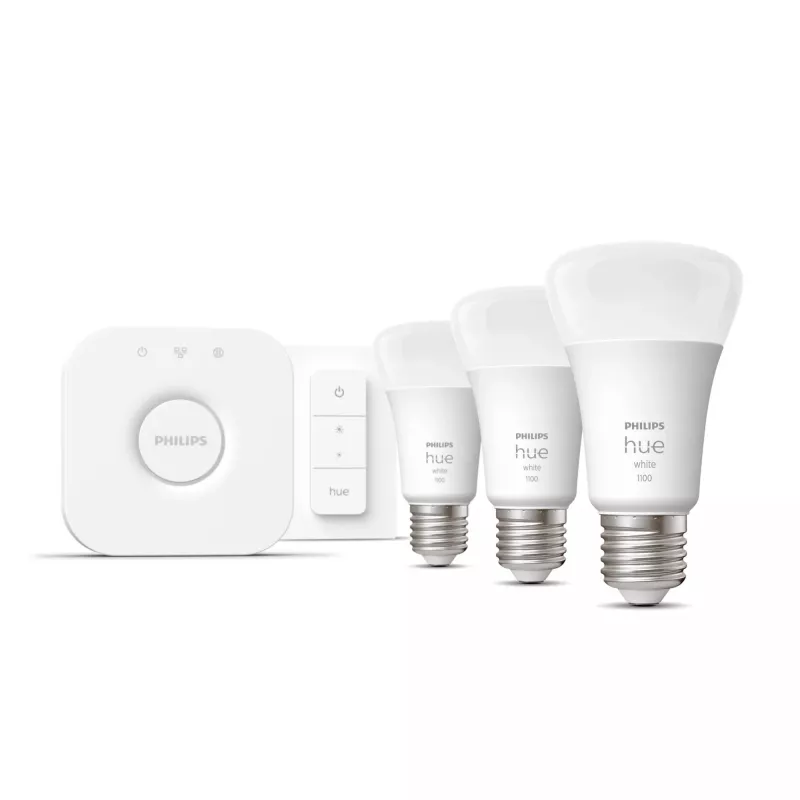 Philips Hue White -aloituspaketti: 3 E27 älylamppua (1100) + himmennin