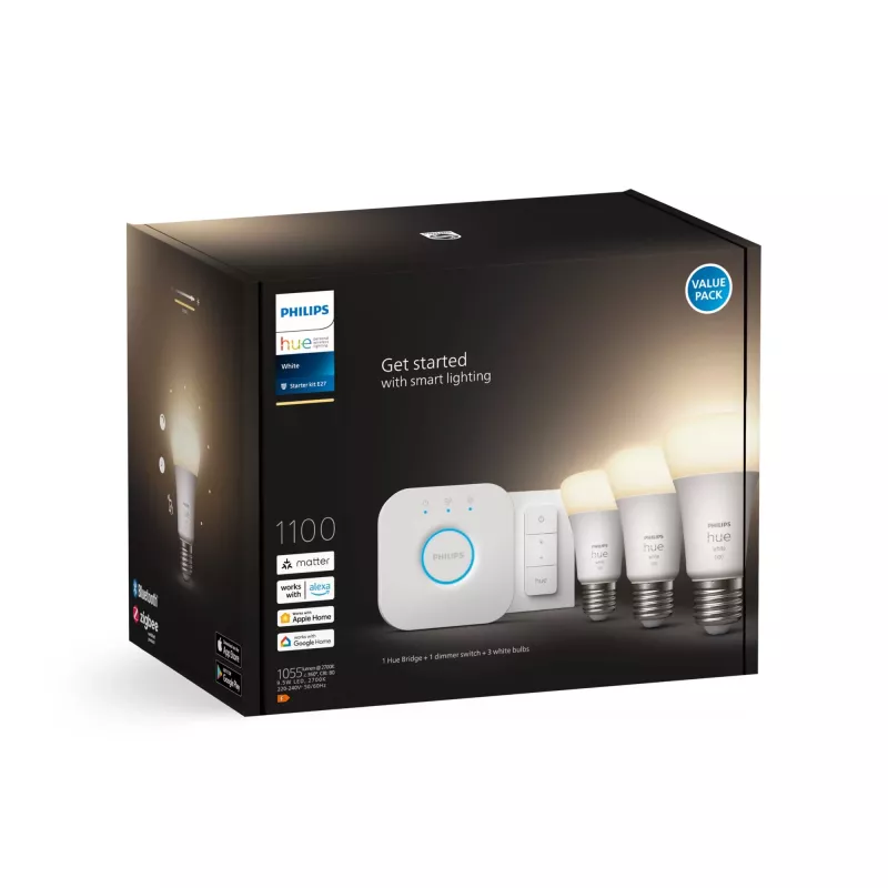 Philips Hue White -aloituspaketti: 3 E27 älylamppua (1100) + himmennin