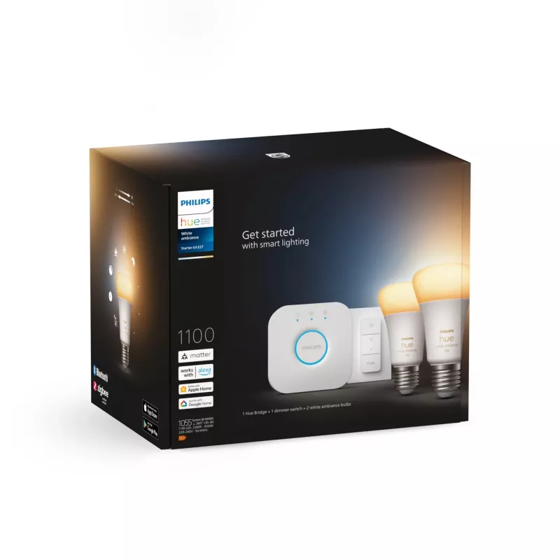 Philips Hue White Ambiance aloituspaketti: 2 E27 älylamppua (1100) + himmennin