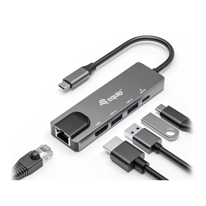 Equip USB-C 5-in-1 -monitoimisovitin, HDMI, Gigabit-LAN, USB 3.2 Gen1, 100W USB PD