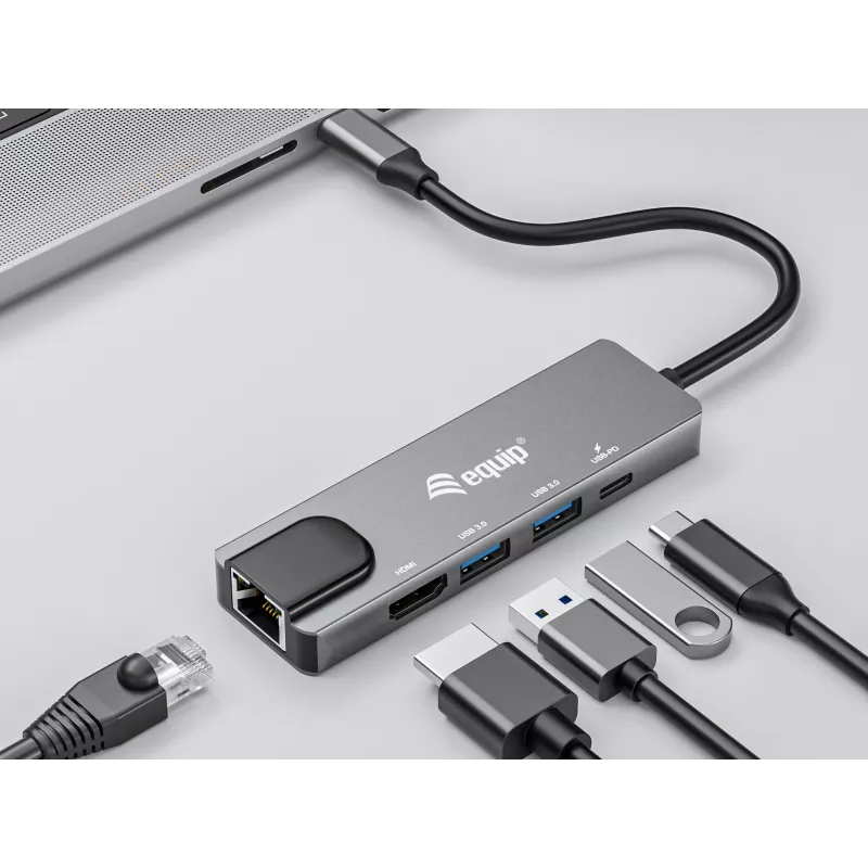 Equip USB-C 5-in-1 -monitoimisovitin, HDMI, Gigabit-LAN, USB 3.2 Gen1, 100W USB PD