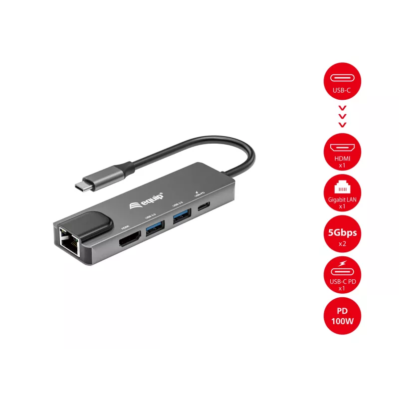 Equip USB-C 5-in-1 -monitoimisovitin, HDMI, Gigabit-LAN, USB 3.2 Gen1, 100W USB PD