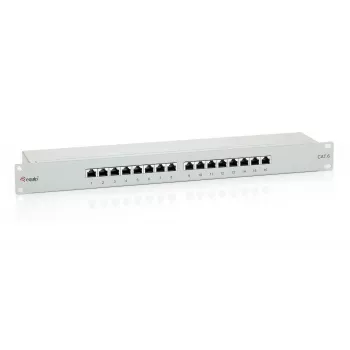 Equip 16-porttinen Cat.6 suojattu patch-paneeli, vaaleanharmaa, RJ-45, kulta, Cat6, rack-asennus, 1U, harmaa