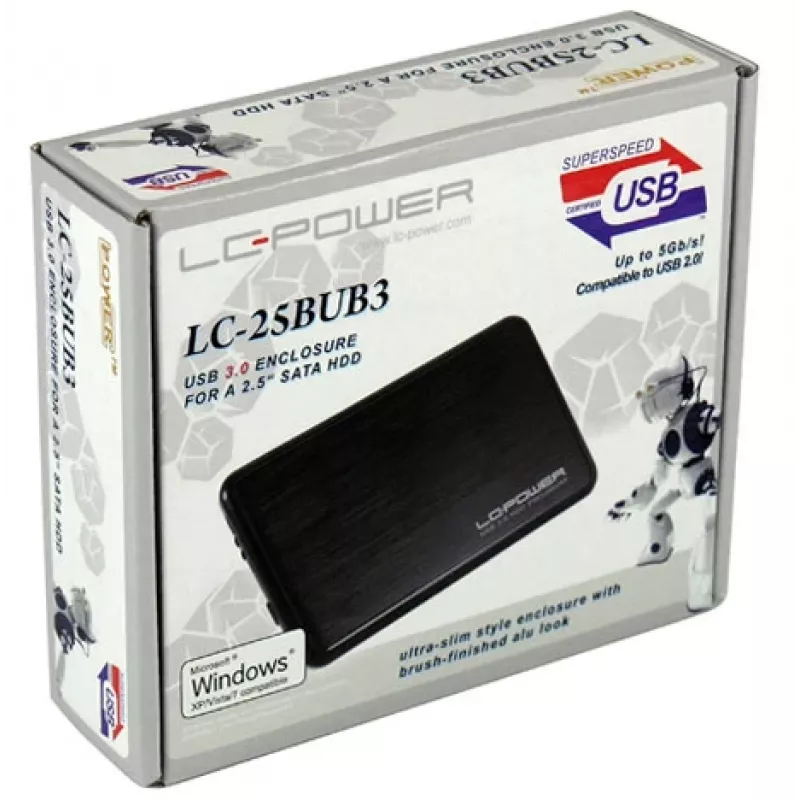 LC-Power LC-25BUB3 2,5 tuuman SATA-kiintolevykotelo, USB 3.0, alumiini/musta