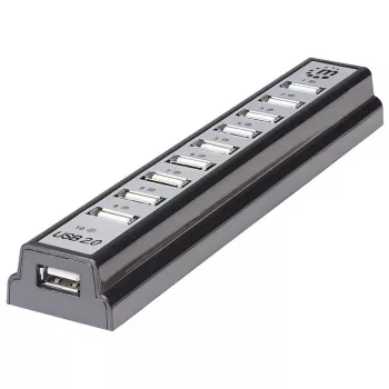 Manhattan USB-A 10-porttinen pöytäkeskitin, 10x USB-A-porttia, 480 Mbit/s (USB 2.0), virransyöttö USB:n kautta tai ulkoisella virtalähteellä (ei sisälly toimitukseen) liitettyjen laitteiden tehon lisäämiseksi