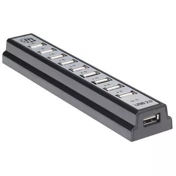 Manhattan USB-A 10-porttinen pöytäkeskitin, 10x USB-A-porttia, 480 Mbit/s (USB 2.0), virransyöttö USB:n kautta tai ulkoisella virtalähteellä (ei sisälly toimitukseen) liitettyjen laitteiden tehon lisäämiseksi