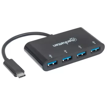 Manhattan USB-C-telakka/keskitin, liitännät (4x): USB-A (4x), 5 Gbit/s (USB 3.2 Gen1 eli USB 3.0), USB-virralla toimiva (ulkoista virtalähdettä ei tarvita), kaapeli 20 cm, vastaa mallia HB30C4AB