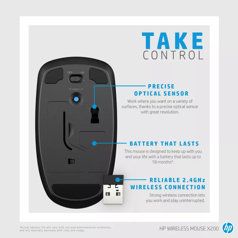 HP X200 langaton hiiri 6VY95AA, optinen, 2,4 GHz, USB-vastaanotin, musta