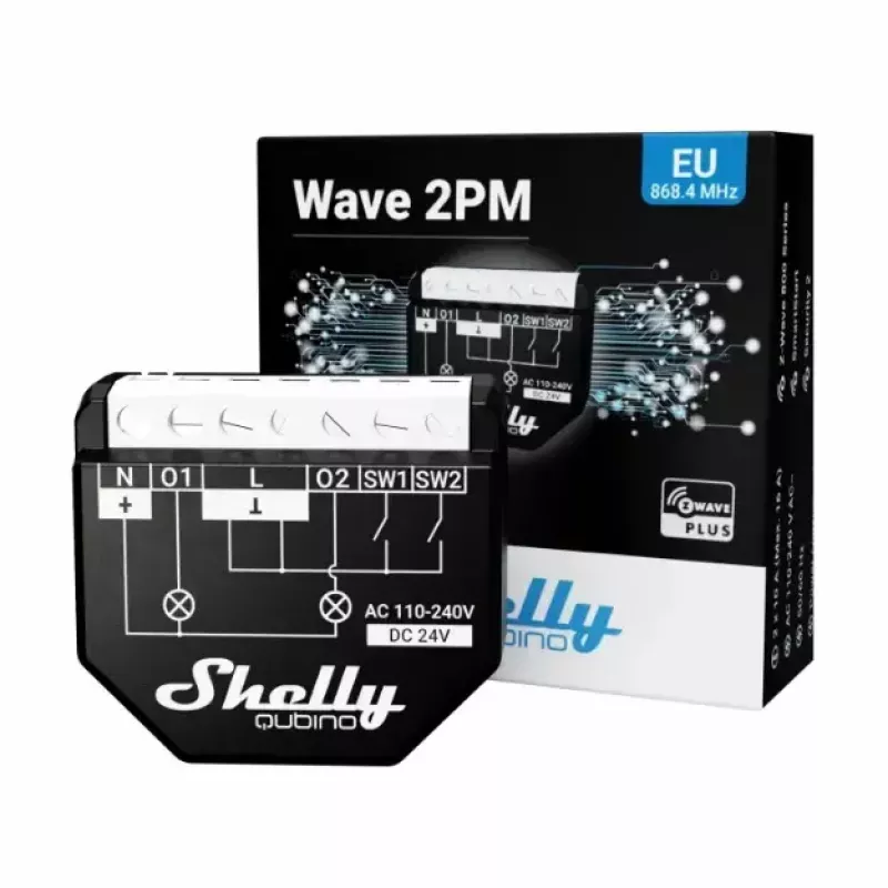 Älykytkin Shelly WAVE 2PM musta (Shelly) — langaton Z-Wave, 16 A, 110–240 V, 868,4 MHz