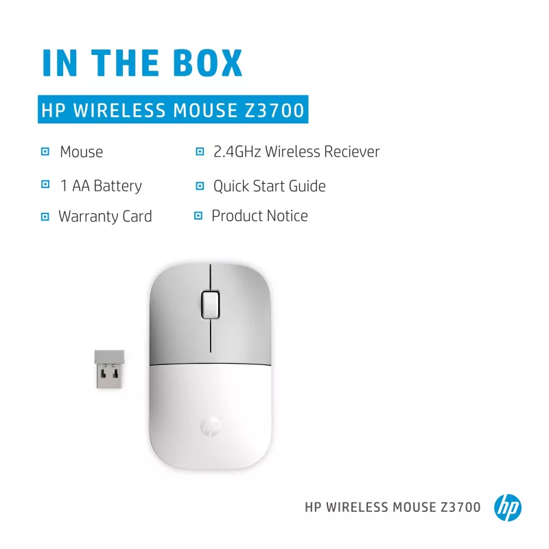 HP Z3700 keramiikka valkoinen langaton hiiri, molempikätinen, optinen, RF Wireless, 1200 DPI, hopea, valkoinen