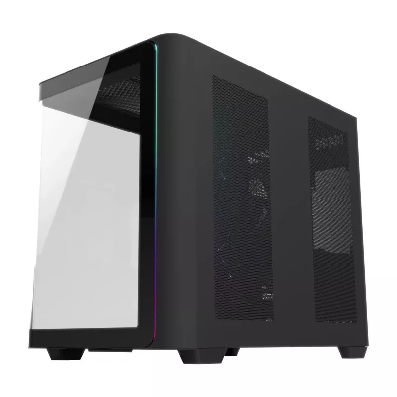 FSP M580-BP Plus Midi Tower -tietokonekotelo, ATX/mATX/Mini-ITX, ARGB, karkaistu lasi, 4x 120 mm tuuletinta, musta