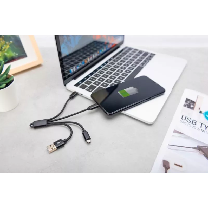 DIGITUS USB-latauskaapeli USB A – Lightning+Micro B+Type-C M/M/M/M 15 cm 3-in-1-kaapeli, puuvilla, CE, musta
