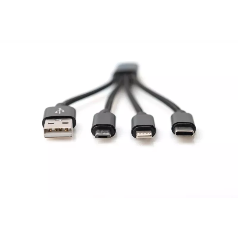 DIGITUS USB-latauskaapeli USB A – Lightning+Micro B+Type-C M/M/M/M 15 cm 3-in-1-kaapeli, puuvilla, CE, musta