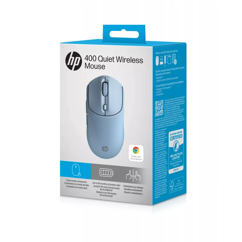 HP 400 hiljainen sininen langaton hiiri, molempikätinen, RF Wireless + Bluetooth, 6000 DPI, sininen