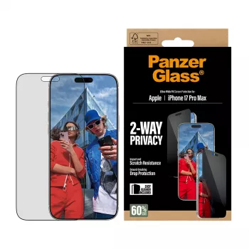 Näytönsuojakalvo PanzerGlass 2-suuntainen tietosuoja iPhone 17 Pro Max — karkaistu lasi, Ultra-Wide Fit, EasyAligner