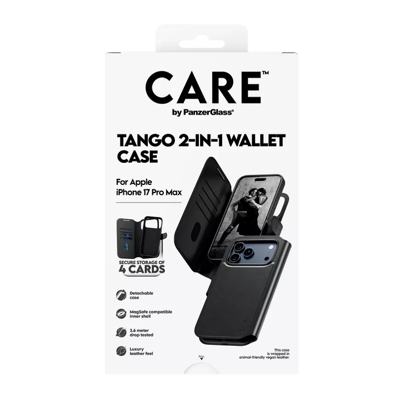 PanzerGlass CARE Feature Case Tango MagSafe -suojakotelo ja korttipaikka iPhone 17 Pro Maxille, musta