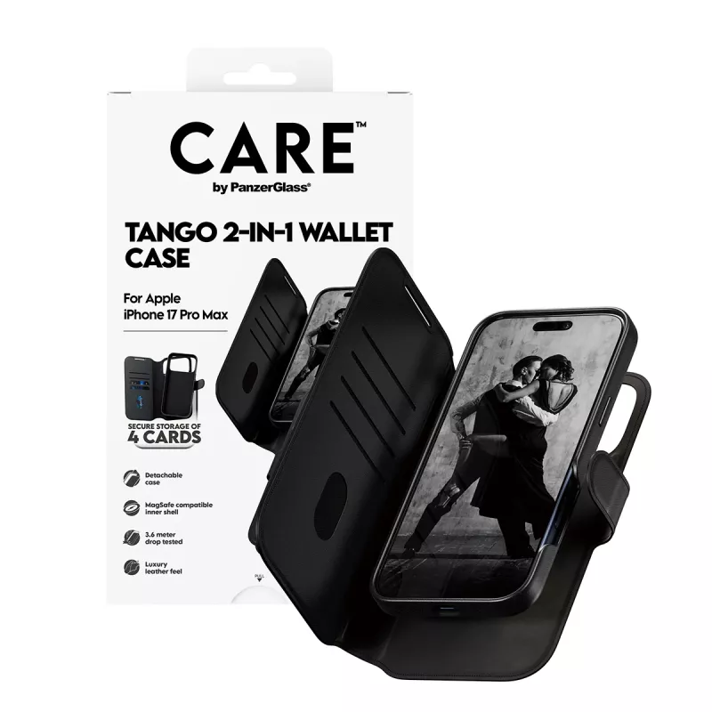 PanzerGlass CARE Feature Case Tango MagSafe -suojakotelo ja korttipaikka iPhone 17 Pro Maxille, musta