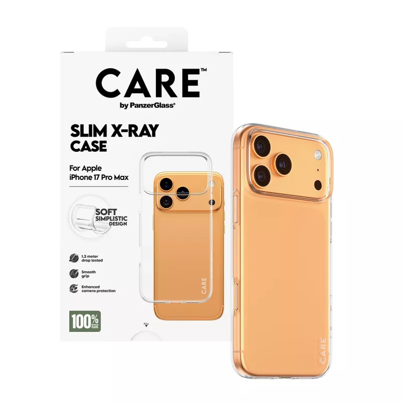 PanzerGlass CARE X-Ray -muotikotelo iPhone 17 Pro Maxille, läpinäkyvä pehmeä suojakotelo