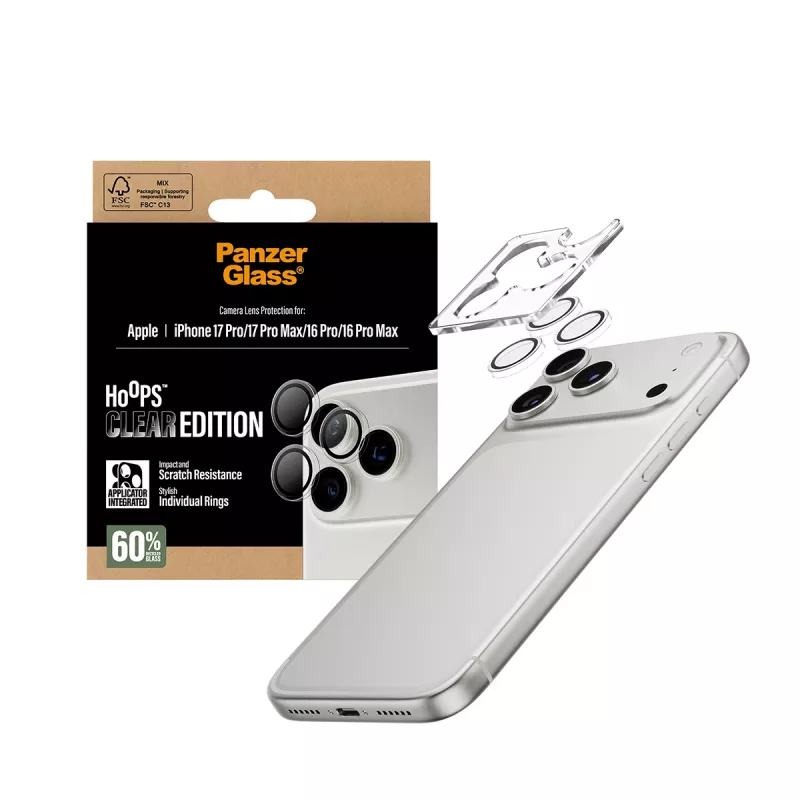 PanzerGlass Hoops -kameransuoja läpinäkyvä iPhone 17 Pro / 17 Pro Max / 16 Pro / 16 Pro Max, karkaistu lasi, silikoni, 1 kpl