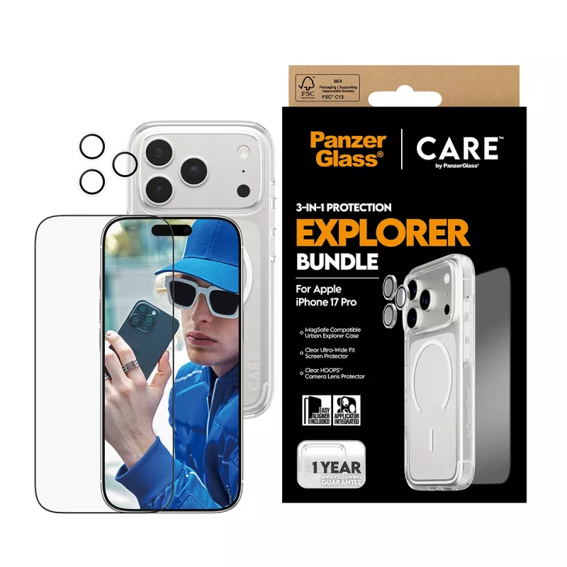 PanzerGlass CARE 3-in-1 Flagship Explorer -näytönsuojauspaketti iPhone 17 Pro – karkaistu lasi, PET, silikoni, läpinäkyvä