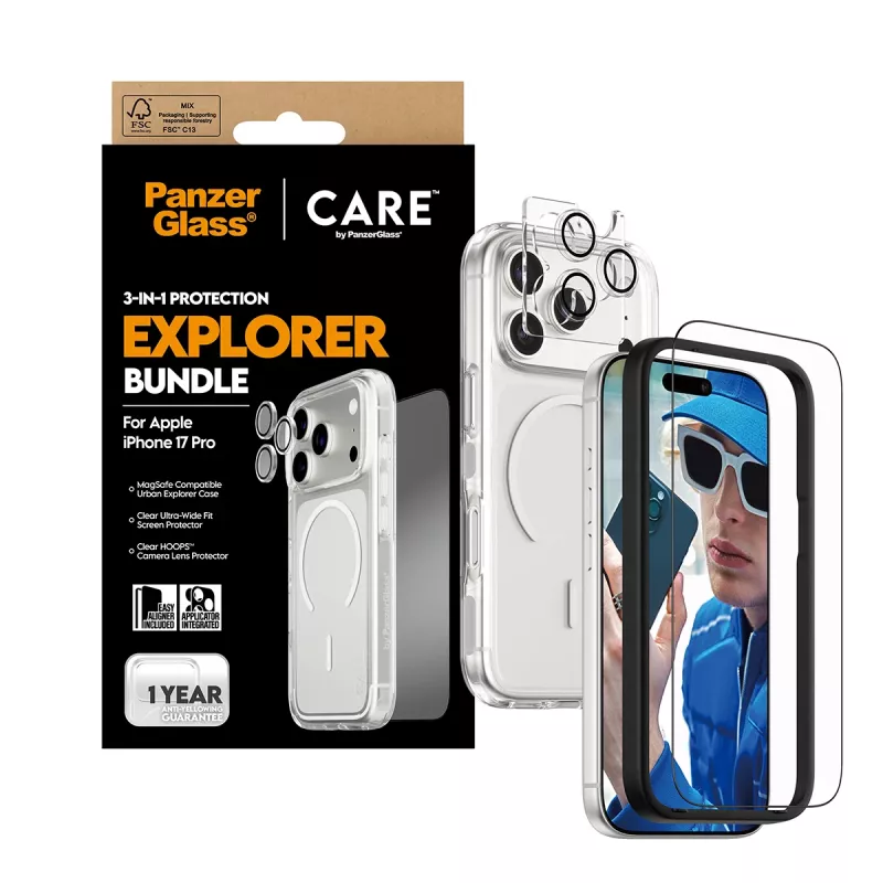 PanzerGlass CARE 3-in-1 Flagship Explorer -näytönsuojauspaketti iPhone 17 Pro – karkaistu lasi, PET, silikoni, läpinäkyvä