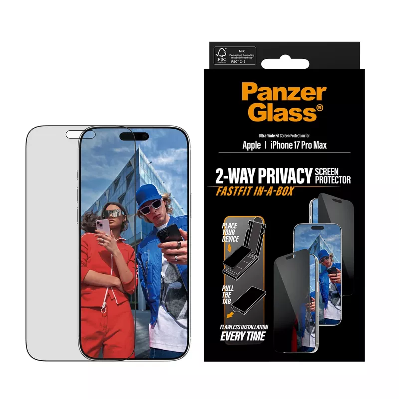 PanzerGlass 2-Way Privacy -näytönsuojus iPhone 17 Pro Max — karkaistu lasi, Ultra-Wide Fit, FASTFIT