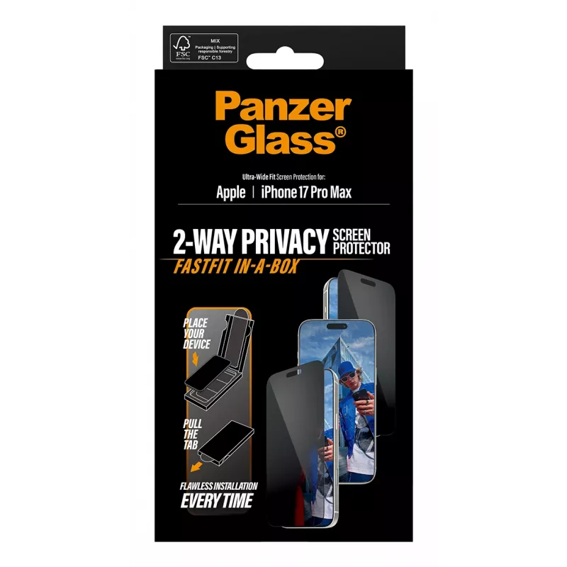 PanzerGlass 2-Way Privacy -näytönsuojus iPhone 17 Pro Max — karkaistu lasi, Ultra-Wide Fit, FASTFIT