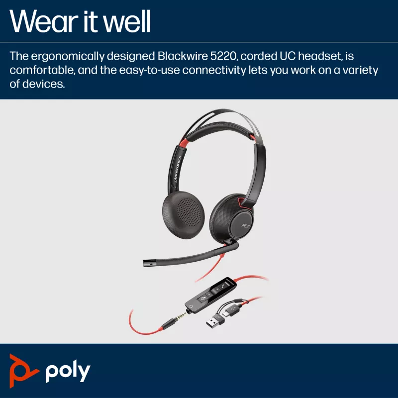 HP Poly Blackwire 5220 stereo USB-C kuuloke + 3,5 mm liitin + USB-C/A-sovitin