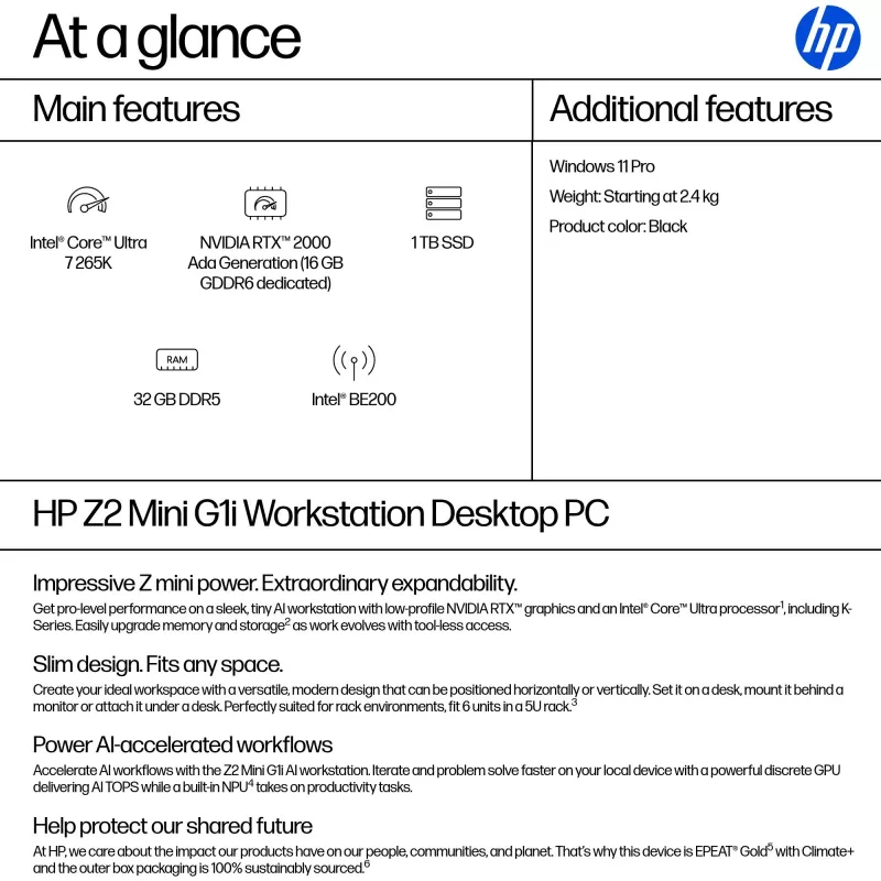 HP Z2 Mini G1i A40LPET AI-työaseman minitietokone, Intel Core Ultra 7 265K, 32 GB RAM, 1 TB SSD, NVIDIA RTX 2000 Ada 16 GB, Wi-Fi 7, Windows 11 Pro