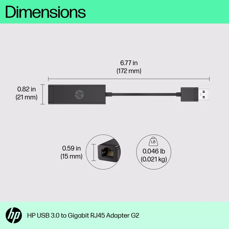 HP USB 3.0 - Gigabit RJ45 -sovitin G2, johdollinen, USB, Ethernet, musta