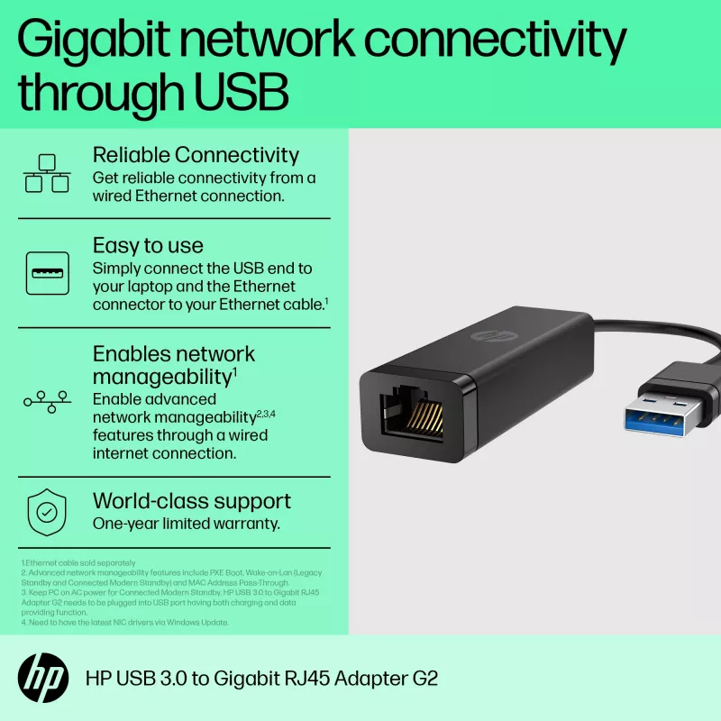HP USB 3.0 - Gigabit RJ45 -sovitin G2, johdollinen, USB, Ethernet, musta