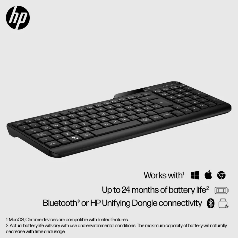 HP 475 kaksitoiminen langaton näppäimistö, täysikokoinen (100%), langaton, RF-langaton + Bluetooth, kalvokytkin, musta