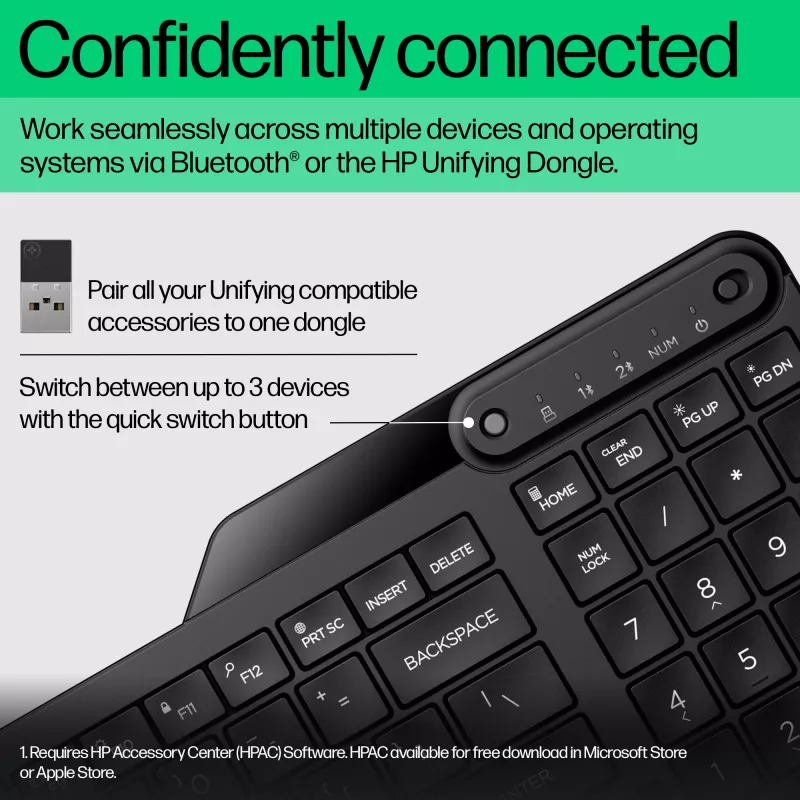 HP 475 kaksitoiminen langaton näppäimistö, täysikokoinen (100%), langaton, RF-langaton + Bluetooth, kalvokytkin, musta