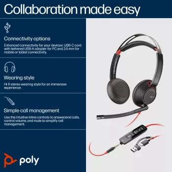 HP Poly Blackwire 5220 stereo USB-C -headset +3,5 mm liitin +USB-C/A-sovitin (monipakkaus)