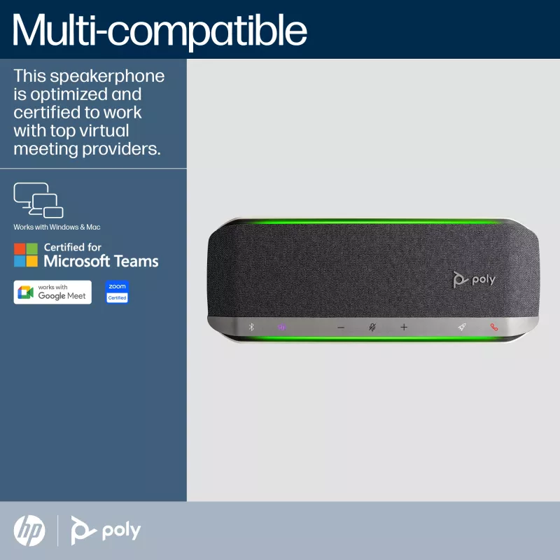 HP Poly Sync 40 Microsoft Teams -sertifioitu kaiutinpuhelin, hopea, Windows 10, Windows 11, MacOS, 30 h, RoHS, Federal Communications Commission (FCC), CE, 38 mm