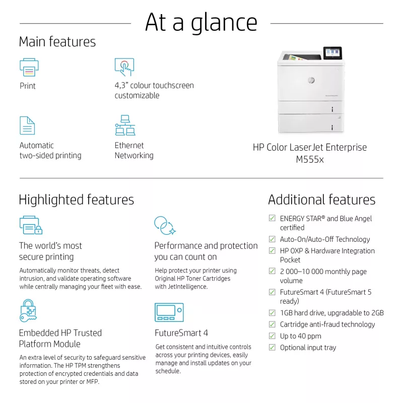 HP Color LaserJet Enterprise M555x, laser, väri, 1200 x 1200 DPI, A4, 38 ppm, kaksipuolinen tulostus